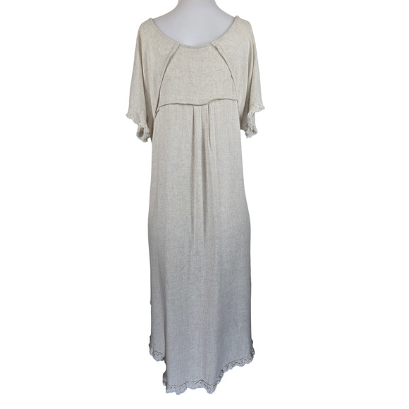 Umgee Beige High Low Fringed Hem Linen Blend Lagenlook Pockets Women's Dress L - Picture 5 of 6